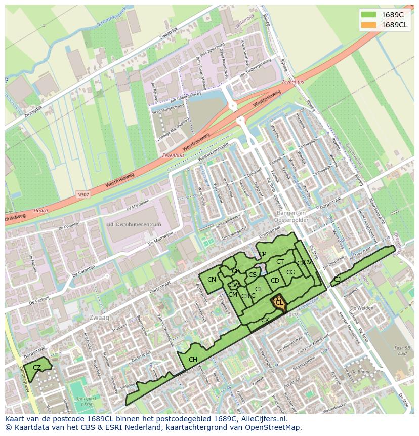 Afbeelding van het postcodegebied 1689 CL op de kaart.