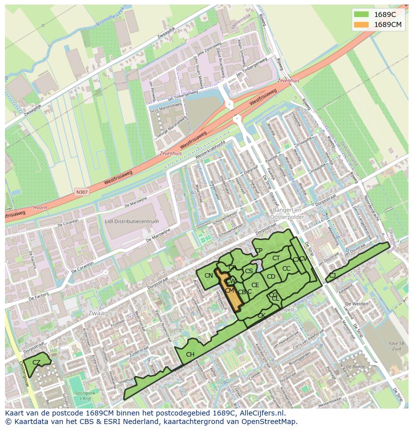 Afbeelding van het postcodegebied 1689 CM op de kaart.