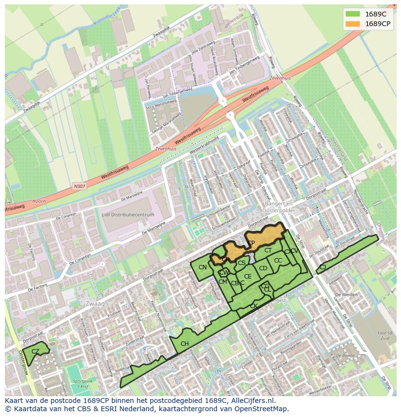 Afbeelding van het postcodegebied 1689 CP op de kaart.