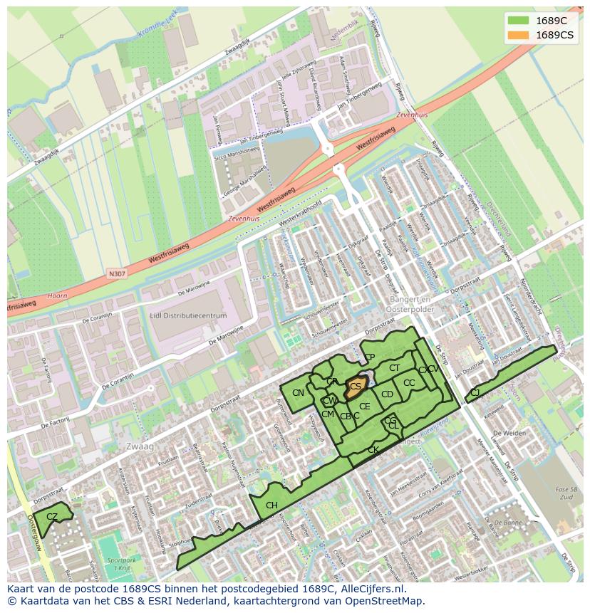 Afbeelding van het postcodegebied 1689 CS op de kaart.