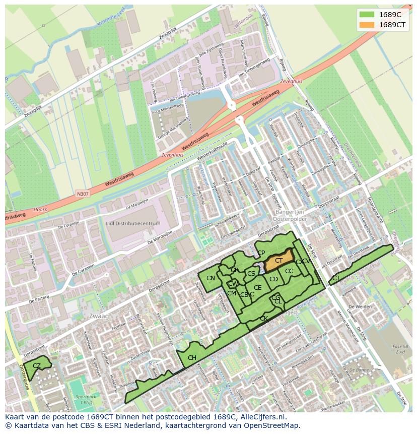 Afbeelding van het postcodegebied 1689 CT op de kaart.