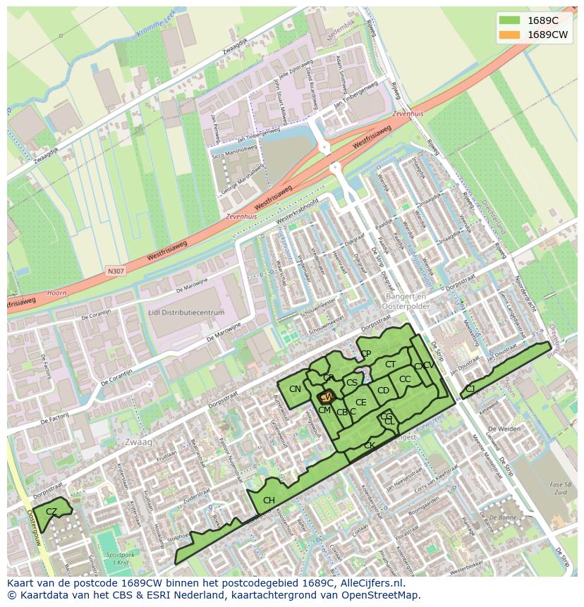 Afbeelding van het postcodegebied 1689 CW op de kaart.