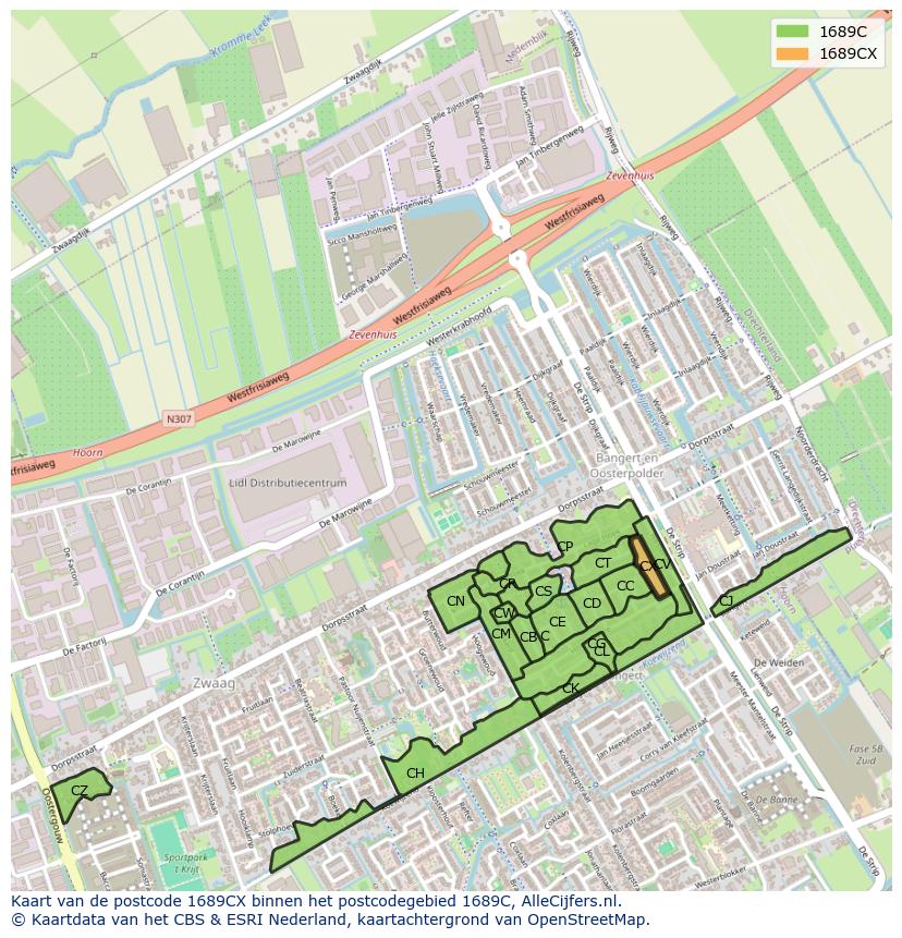 Afbeelding van het postcodegebied 1689 CX op de kaart.
