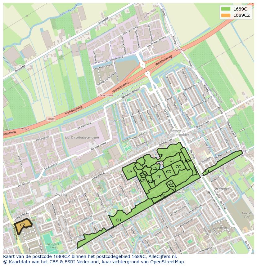 Afbeelding van het postcodegebied 1689 CZ op de kaart.