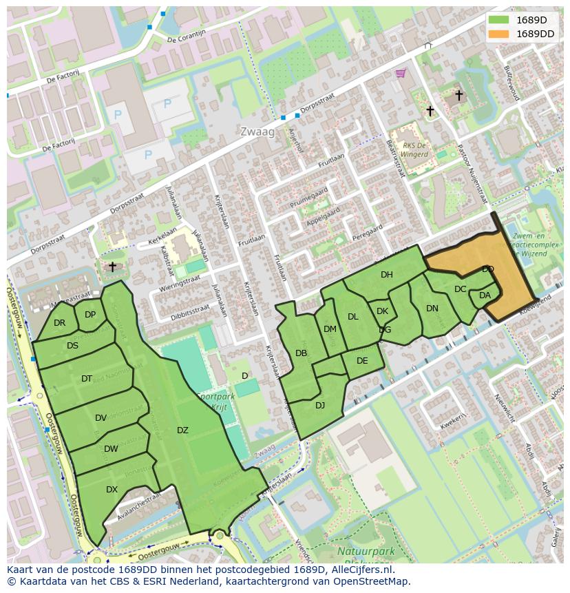 Afbeelding van het postcodegebied 1689 DD op de kaart.