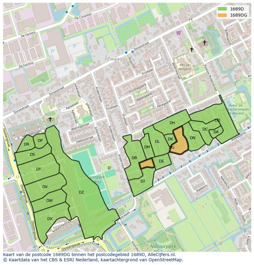 Afbeelding van het postcodegebied 1689 DG op de kaart.