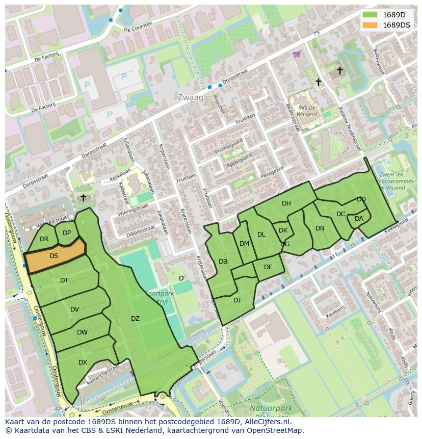 Afbeelding van het postcodegebied 1689 DS op de kaart.