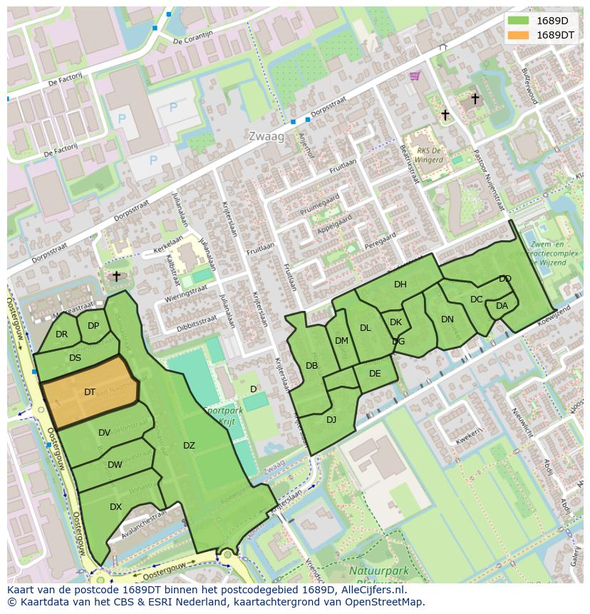 Afbeelding van het postcodegebied 1689 DT op de kaart.