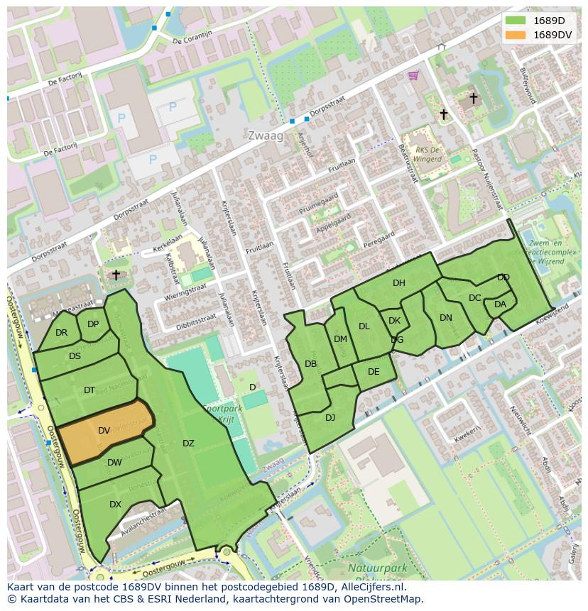 Afbeelding van het postcodegebied 1689 DV op de kaart.