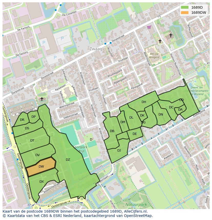 Afbeelding van het postcodegebied 1689 DW op de kaart.