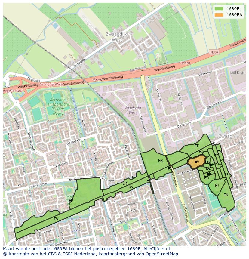 Afbeelding van het postcodegebied 1689 EA op de kaart.