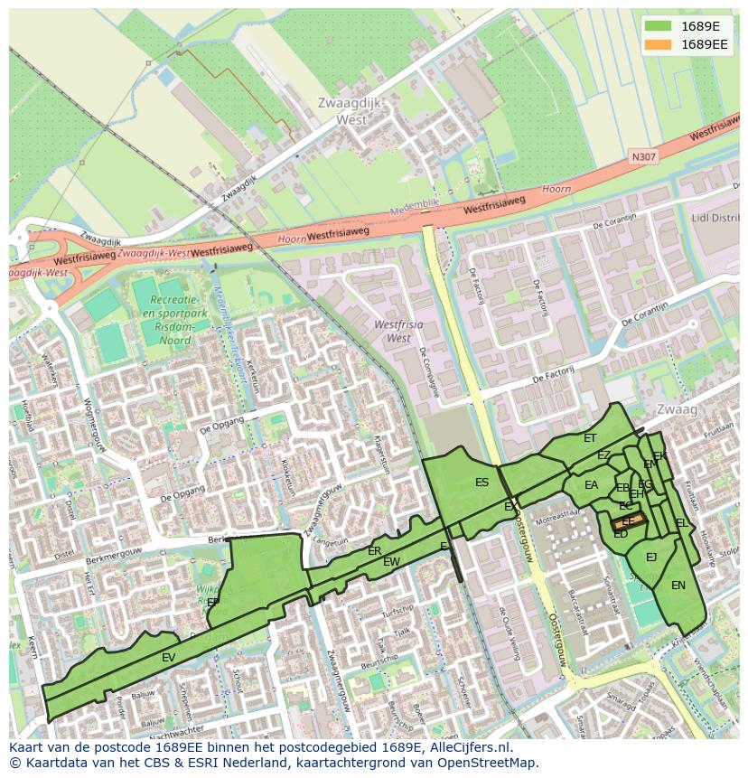 Afbeelding van het postcodegebied 1689 EE op de kaart.