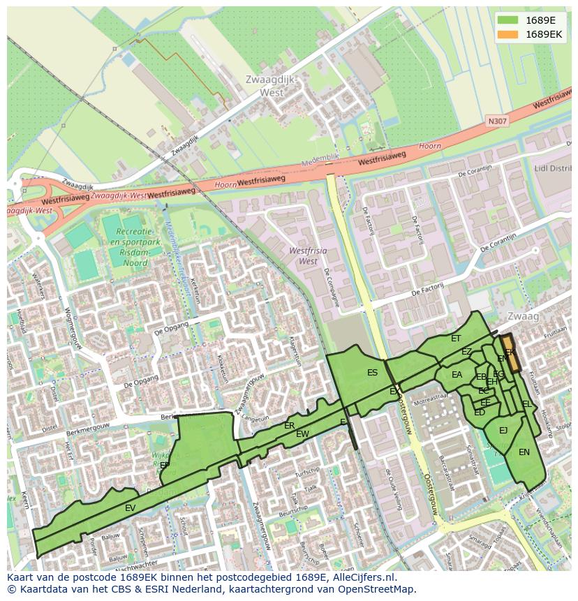 Afbeelding van het postcodegebied 1689 EK op de kaart.