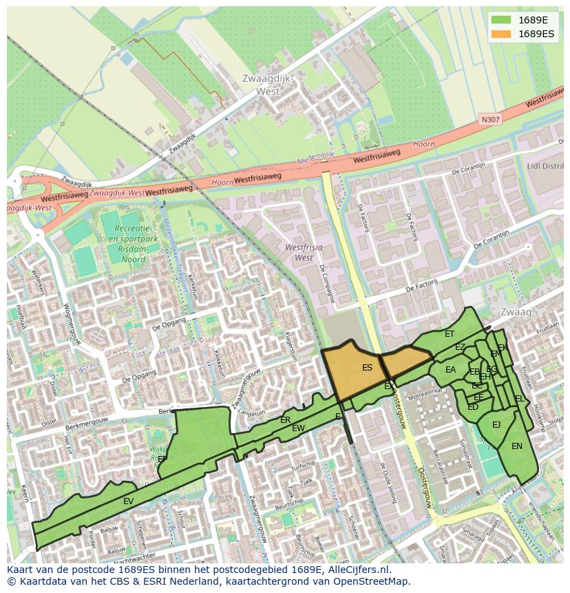 Afbeelding van het postcodegebied 1689 ES op de kaart.