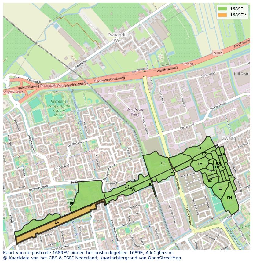 Afbeelding van het postcodegebied 1689 EV op de kaart.