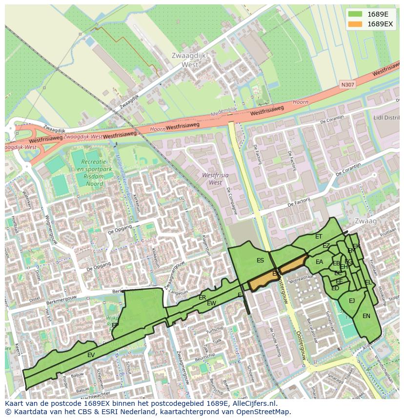 Afbeelding van het postcodegebied 1689 EX op de kaart.