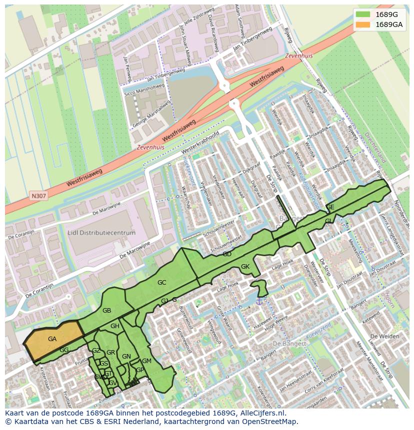 Afbeelding van het postcodegebied 1689 GA op de kaart.