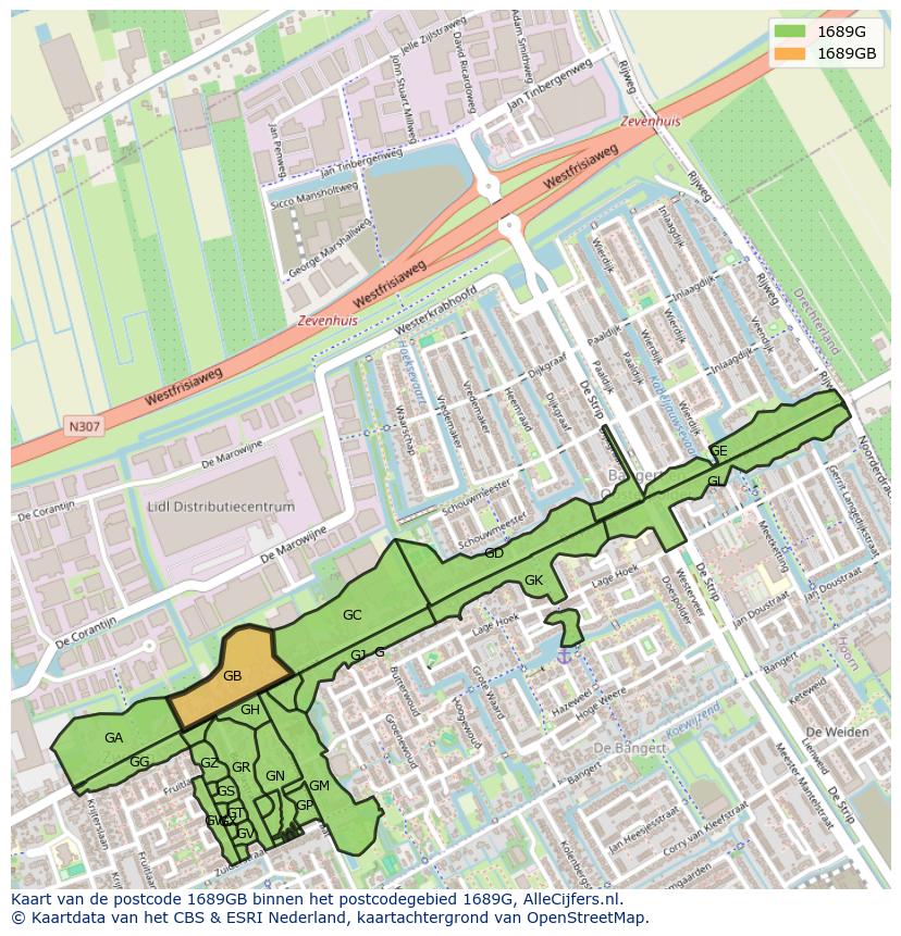 Afbeelding van het postcodegebied 1689 GB op de kaart.