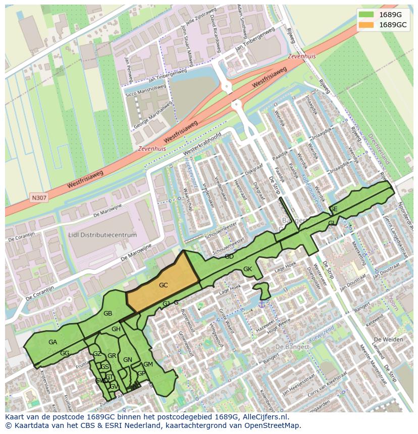 Afbeelding van het postcodegebied 1689 GC op de kaart.