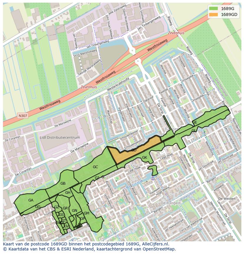 Afbeelding van het postcodegebied 1689 GD op de kaart.
