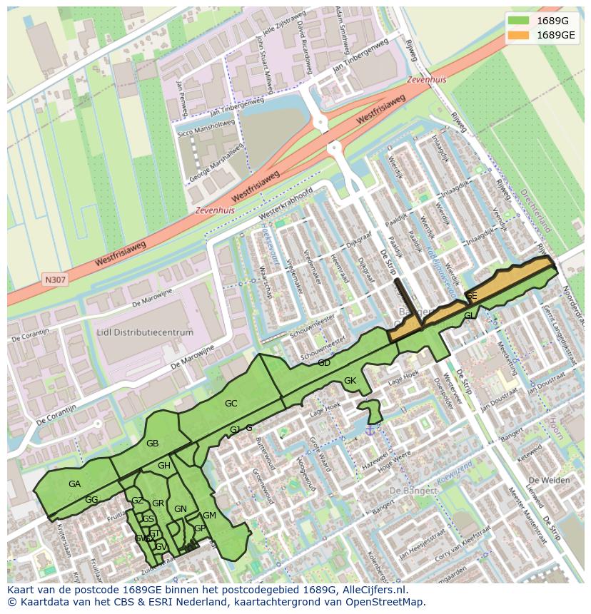 Afbeelding van het postcodegebied 1689 GE op de kaart.