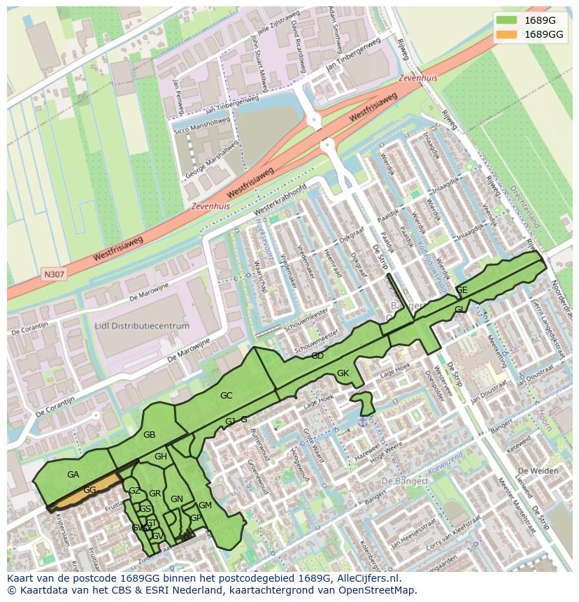 Afbeelding van het postcodegebied 1689 GG op de kaart.