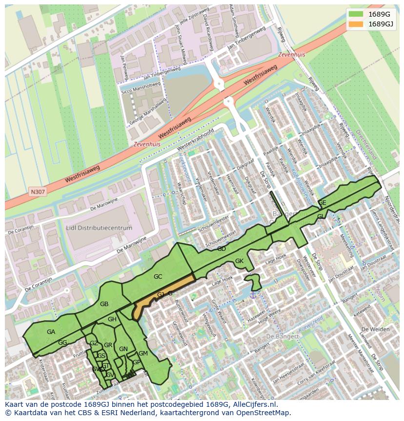 Afbeelding van het postcodegebied 1689 GJ op de kaart.