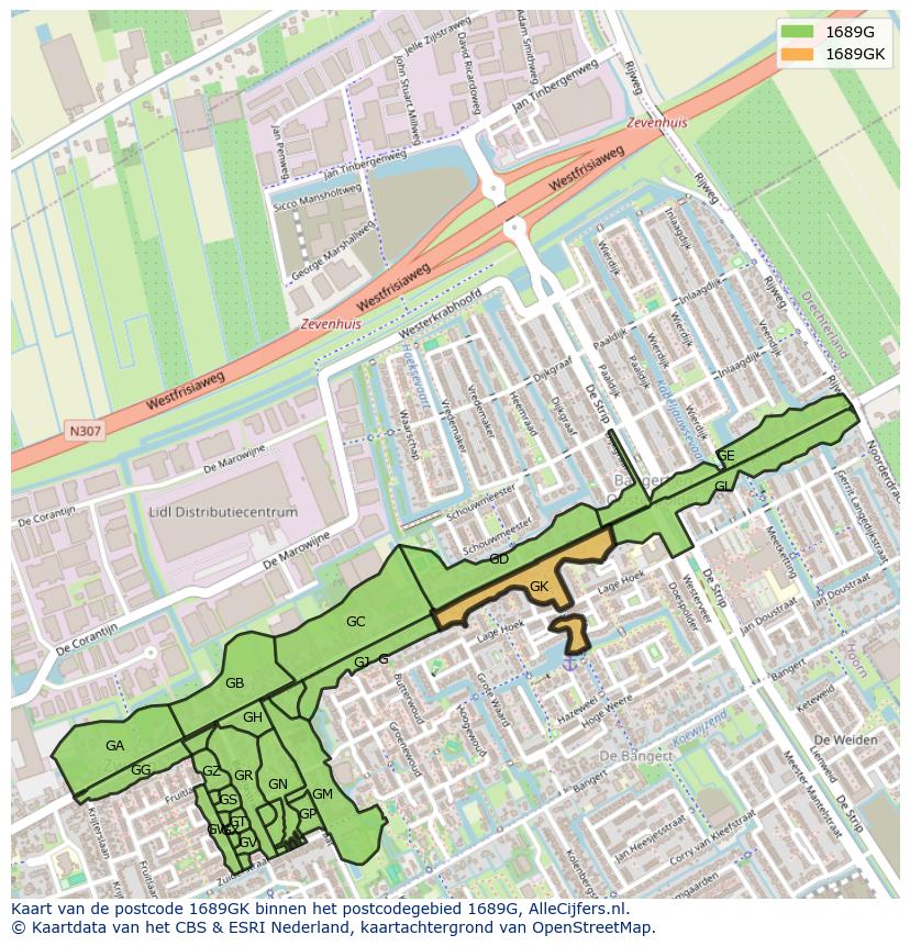 Afbeelding van het postcodegebied 1689 GK op de kaart.