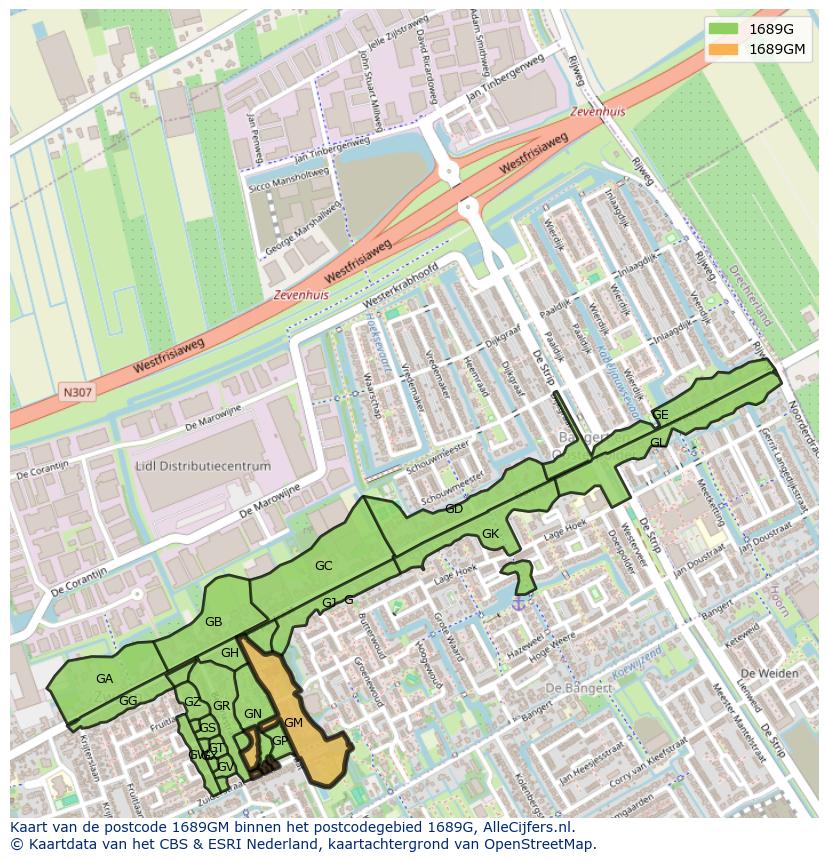 Afbeelding van het postcodegebied 1689 GM op de kaart.