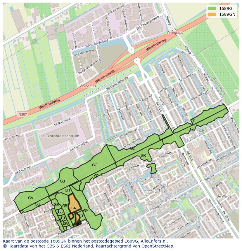 Afbeelding van het postcodegebied 1689 GN op de kaart.