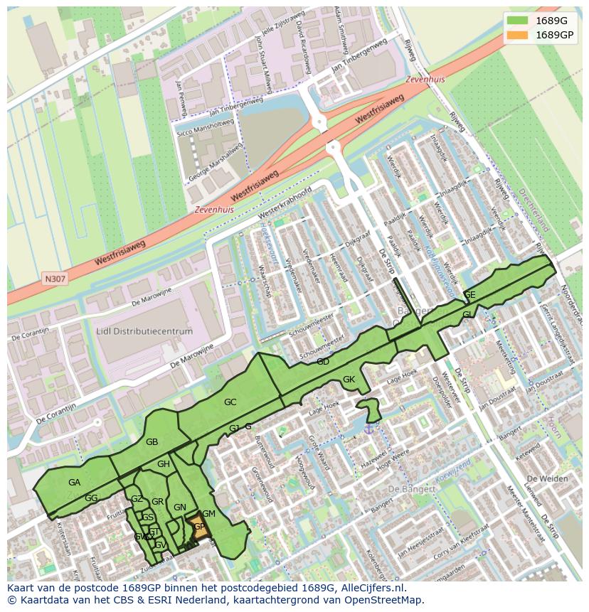 Afbeelding van het postcodegebied 1689 GP op de kaart.
