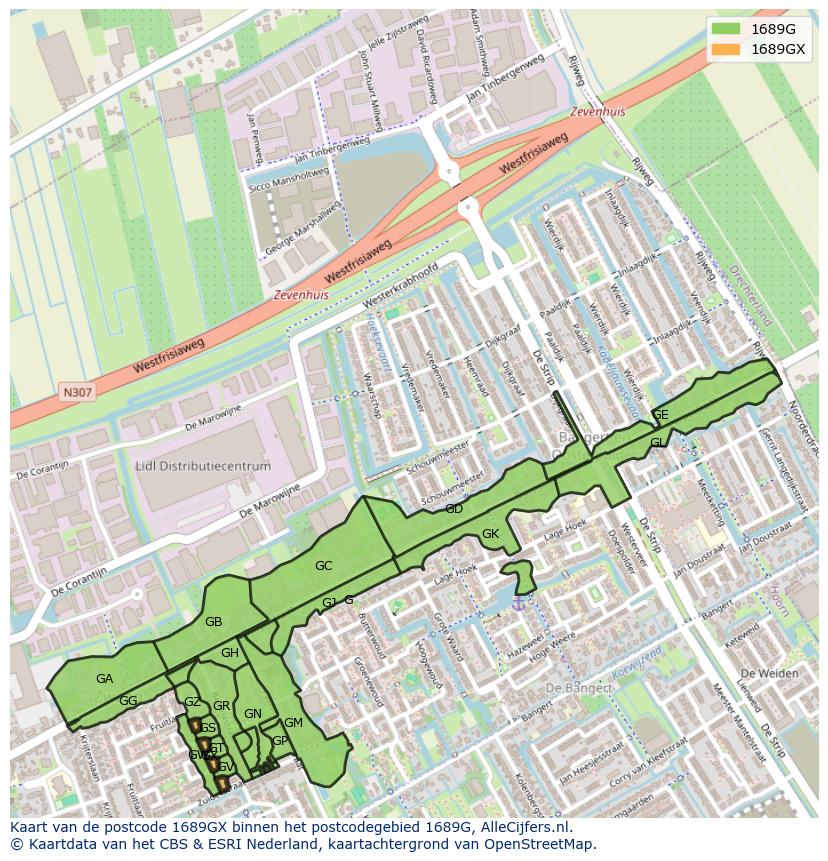 Afbeelding van het postcodegebied 1689 GX op de kaart.