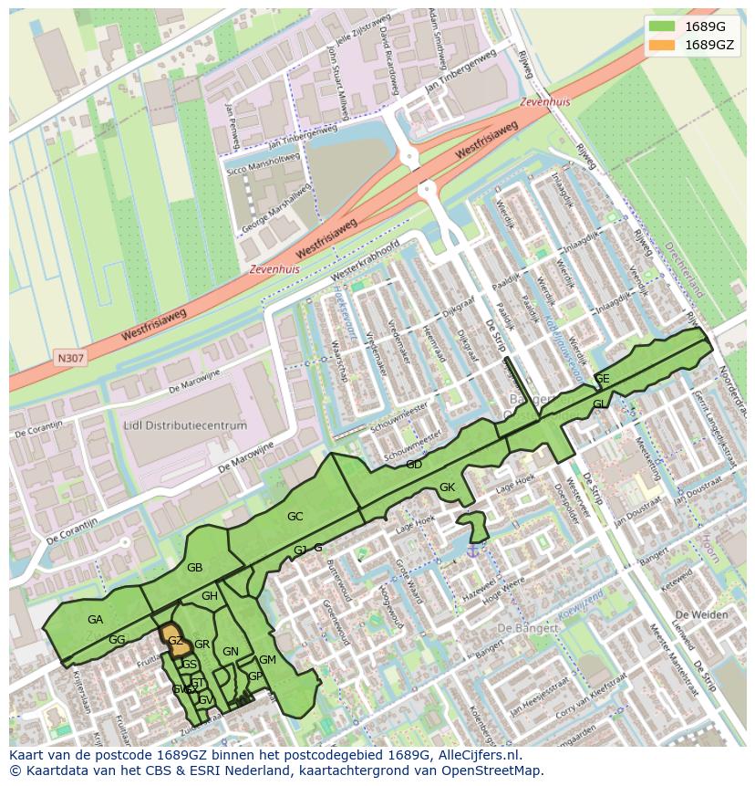 Afbeelding van het postcodegebied 1689 GZ op de kaart.