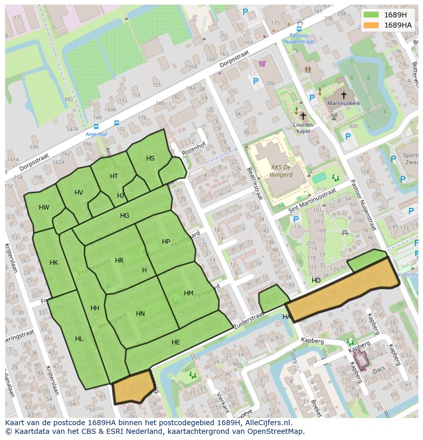 Afbeelding van het postcodegebied 1689 HA op de kaart.