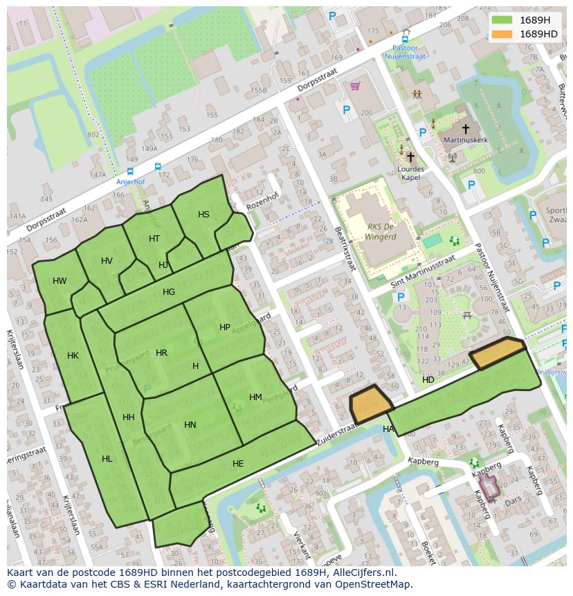 Afbeelding van het postcodegebied 1689 HD op de kaart.