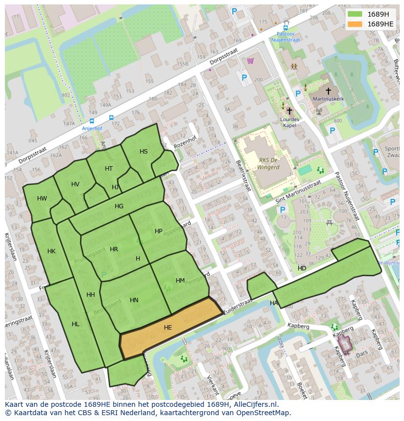 Afbeelding van het postcodegebied 1689 HE op de kaart.