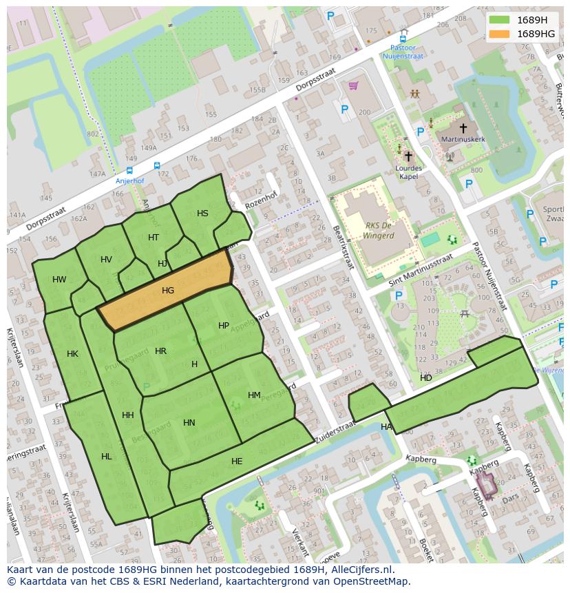 Afbeelding van het postcodegebied 1689 HG op de kaart.