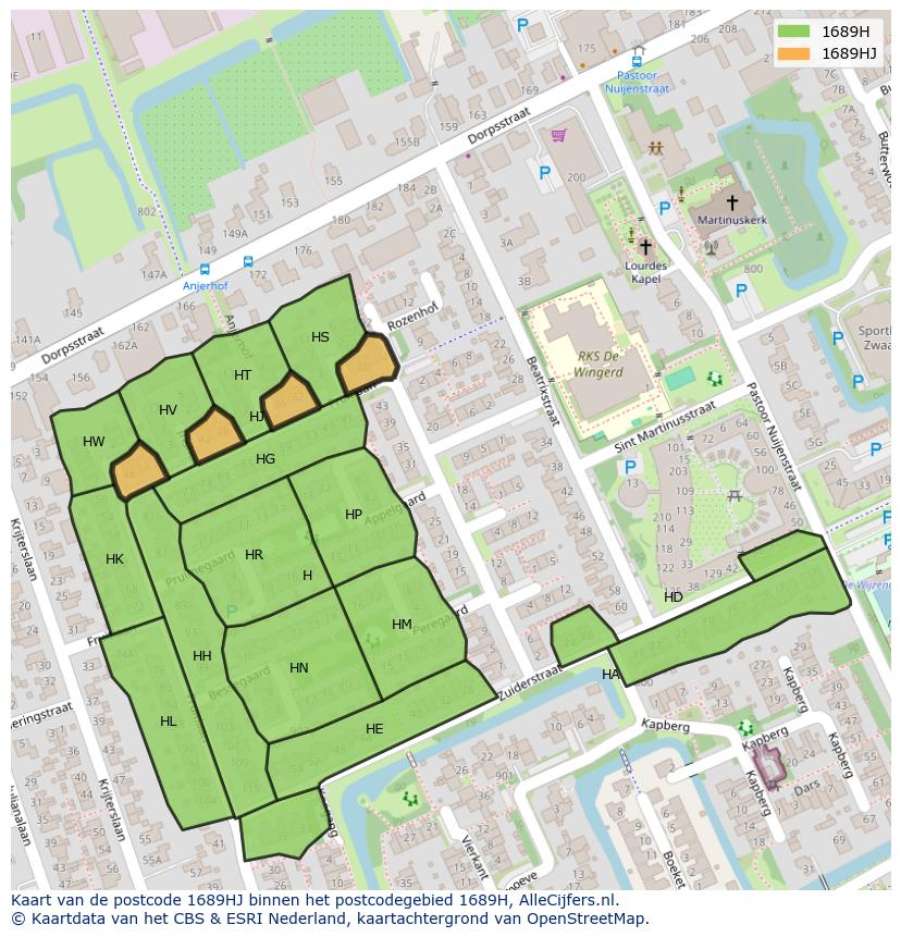Afbeelding van het postcodegebied 1689 HJ op de kaart.