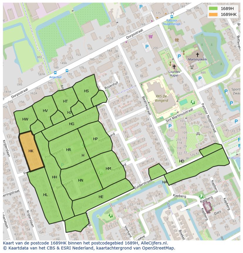 Afbeelding van het postcodegebied 1689 HK op de kaart.