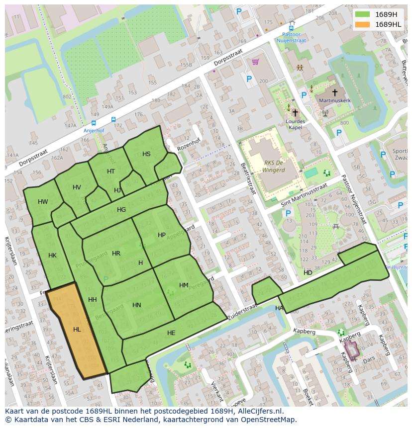Afbeelding van het postcodegebied 1689 HL op de kaart.