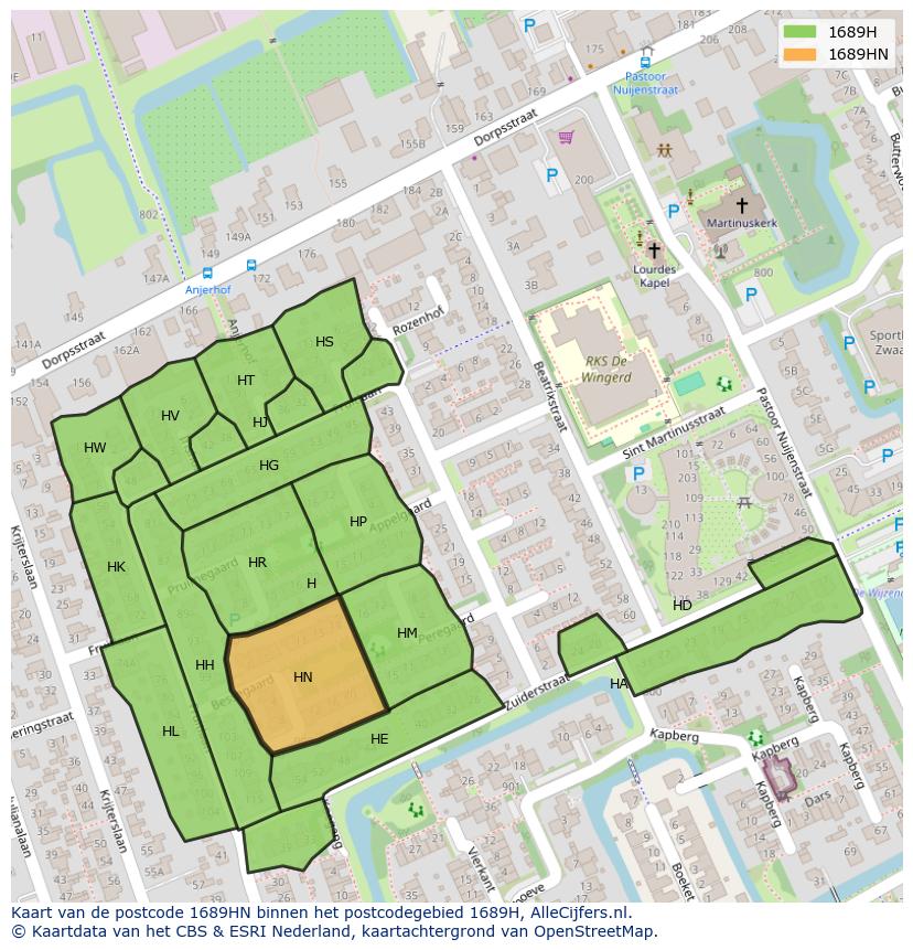 Afbeelding van het postcodegebied 1689 HN op de kaart.