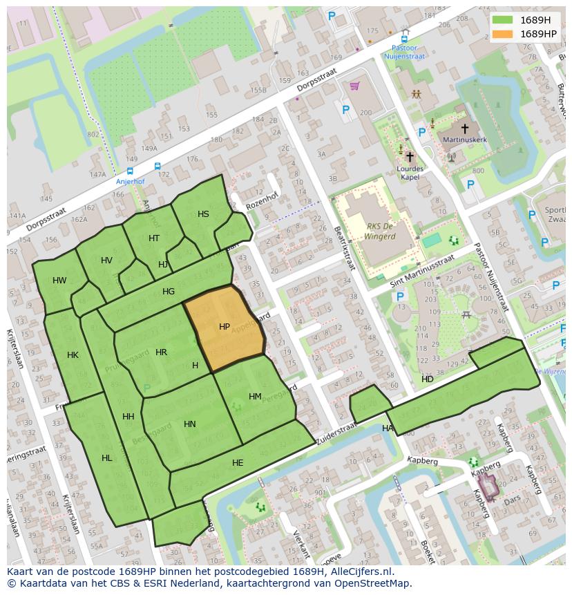 Afbeelding van het postcodegebied 1689 HP op de kaart.