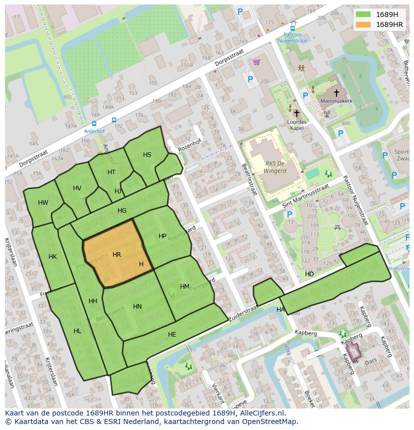 Afbeelding van het postcodegebied 1689 HR op de kaart.