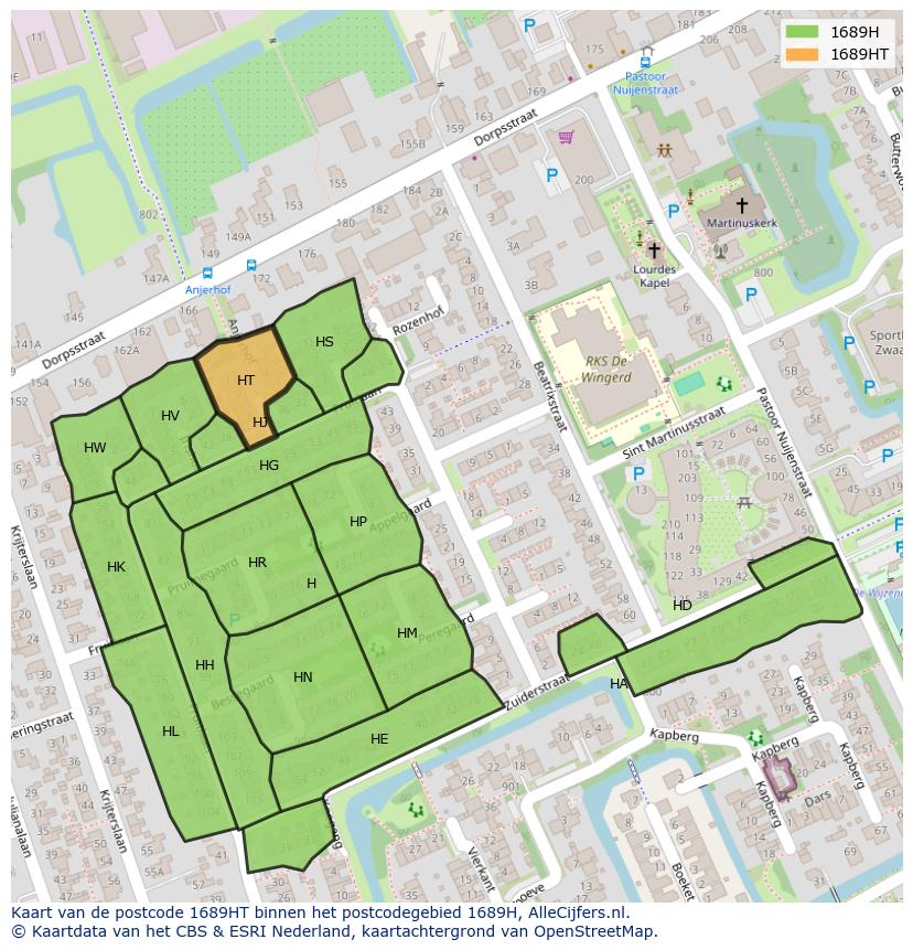 Afbeelding van het postcodegebied 1689 HT op de kaart.