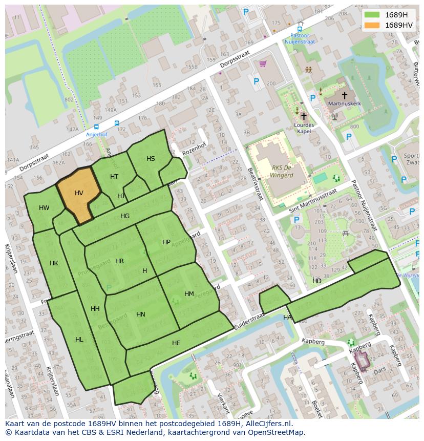Afbeelding van het postcodegebied 1689 HV op de kaart.