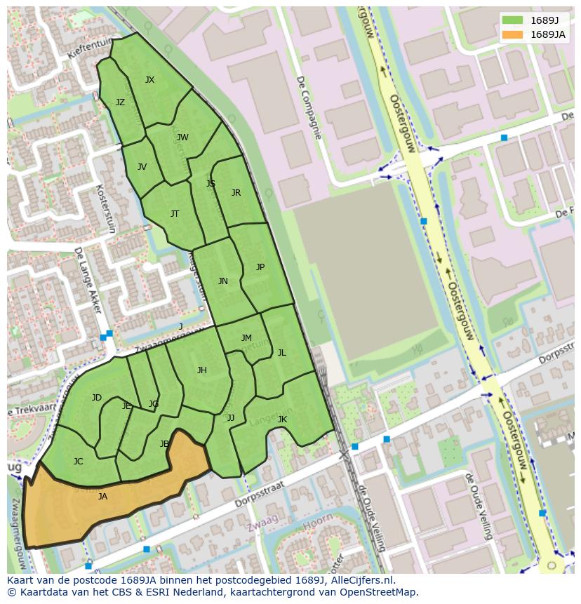 Afbeelding van het postcodegebied 1689 JA op de kaart.