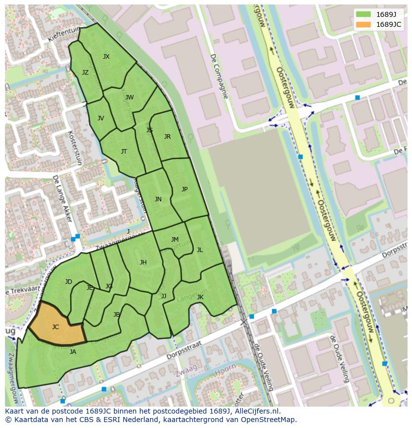 Afbeelding van het postcodegebied 1689 JC op de kaart.