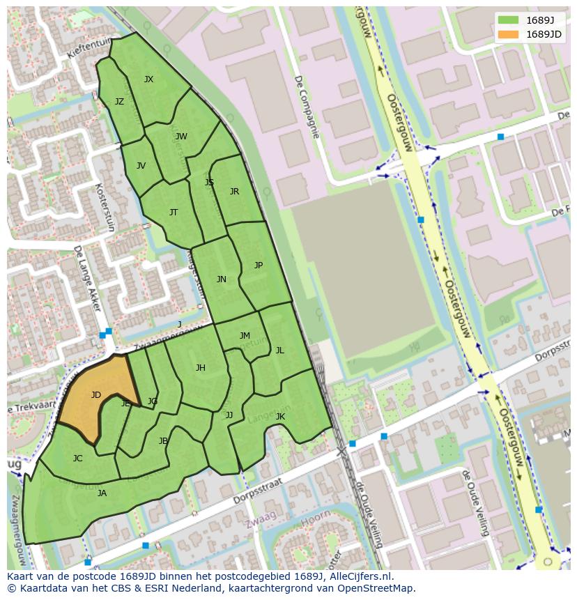Afbeelding van het postcodegebied 1689 JD op de kaart.