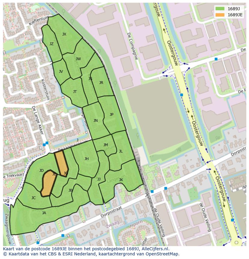 Afbeelding van het postcodegebied 1689 JE op de kaart.