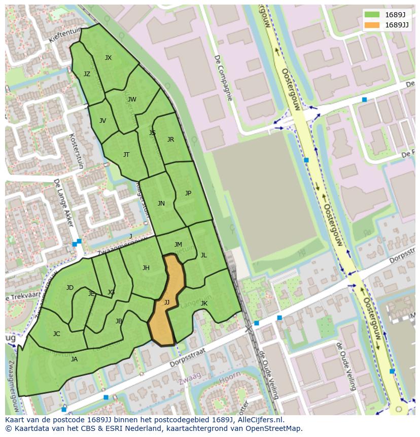 Afbeelding van het postcodegebied 1689 JJ op de kaart.